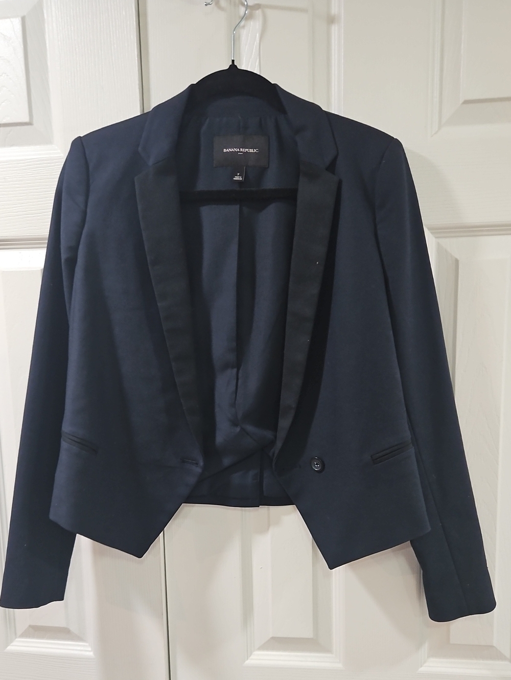 Banana Republic Dark Navy Satin-Trim Cropped Blazer